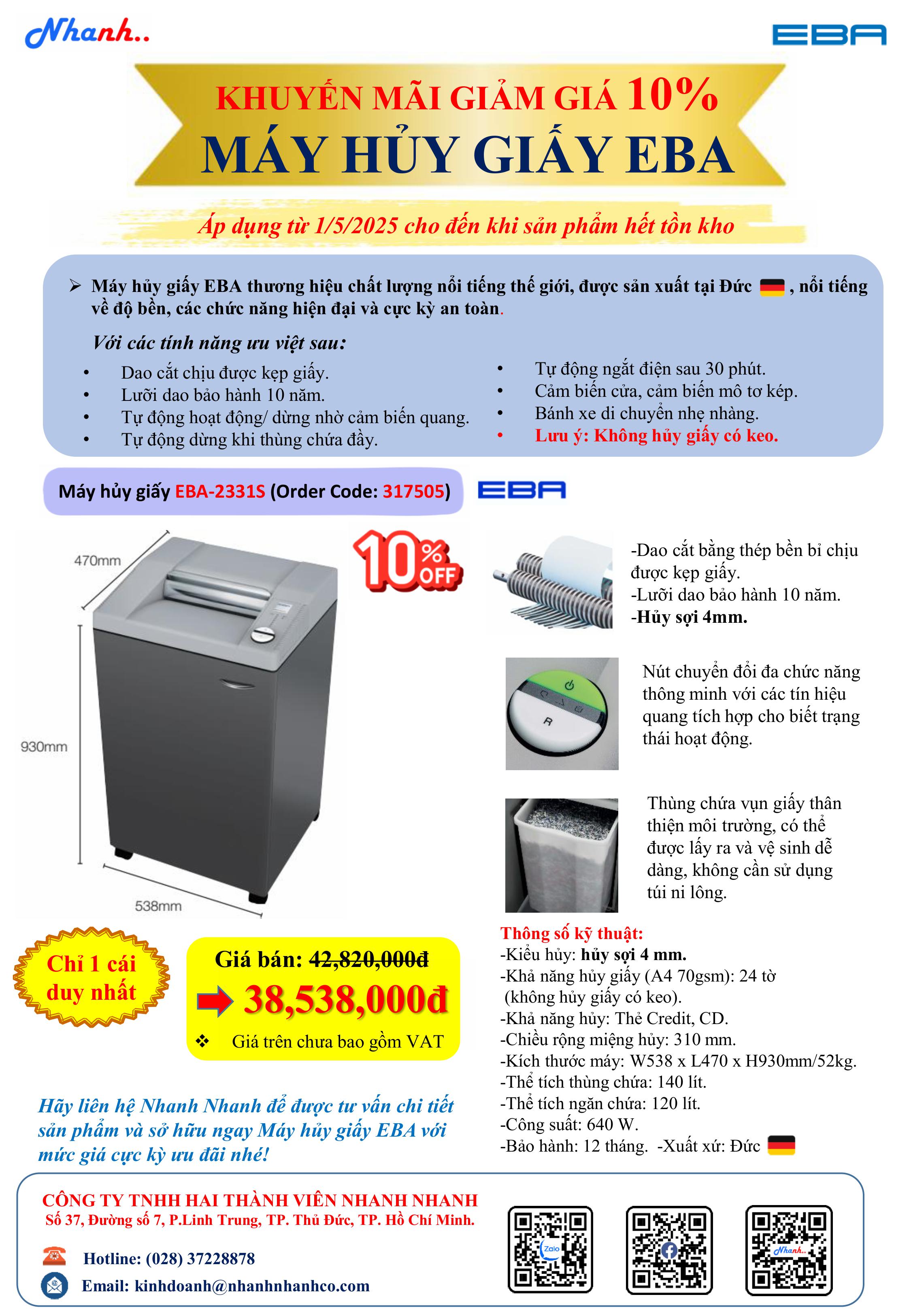 GIẢM NGAY ĐẾN 10% - MÁY HỦY GIẤY EBA THƯƠNG HIỆU NỔI TIẾNG ĐẾN TỪ ĐỨC